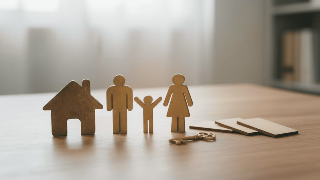 Wooden family figures and a small house with keys on a table
