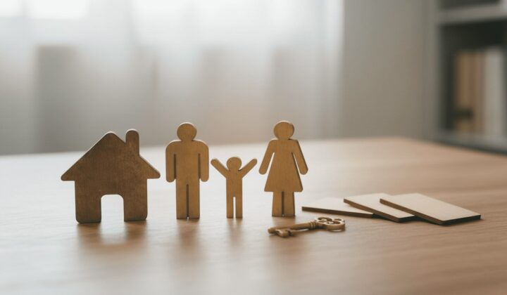 Wooden family figures and a small house with keys on a table